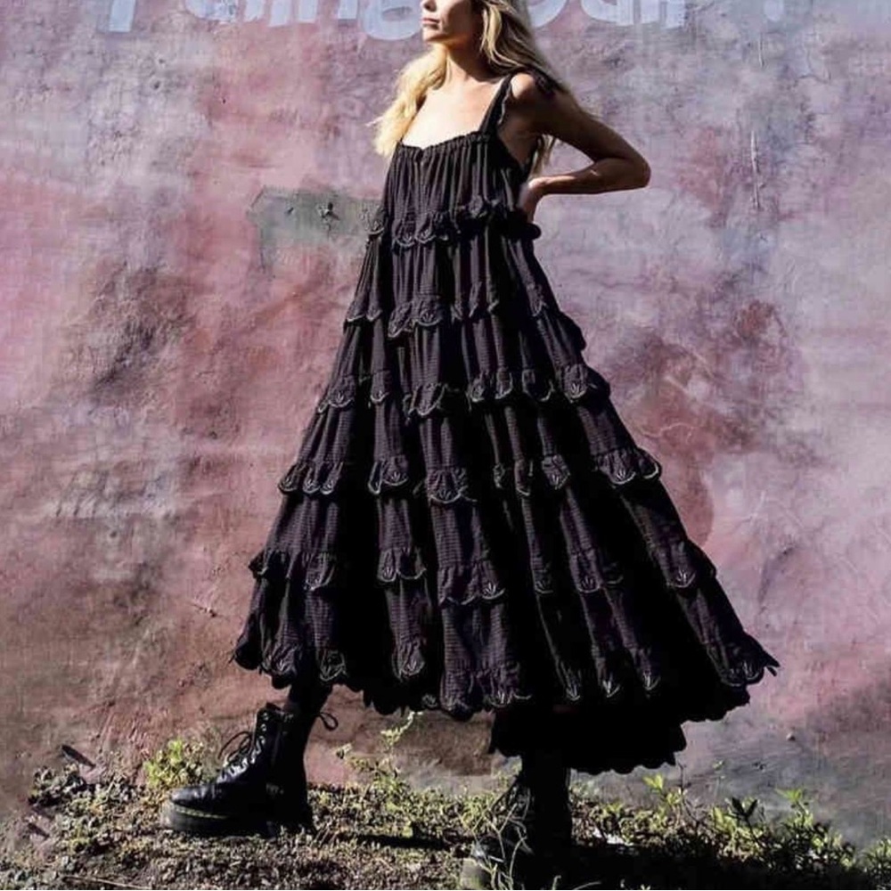 Innika Choo Scallop Frill Black Tiered Ruffle Maxi Dress NWT